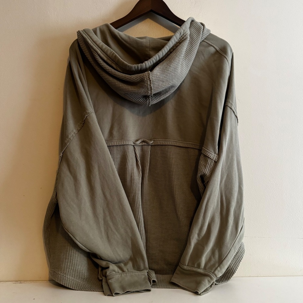 American Eagle Women's M Olive Waffle Knit Hoodie Indie Fall Boho Cotton Blend - Picture 2 of 5